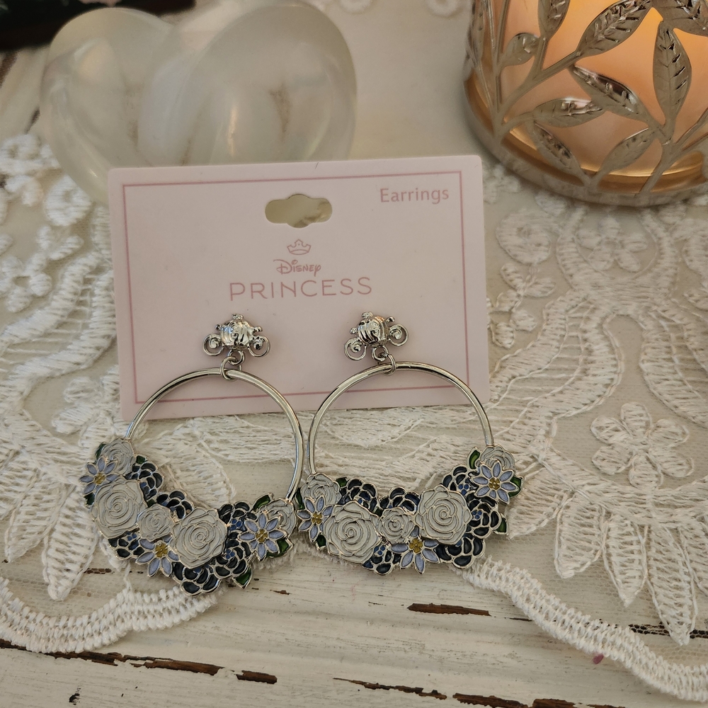 Disney Princess Cinderella Silver Hoop Earrings with Floral Accents